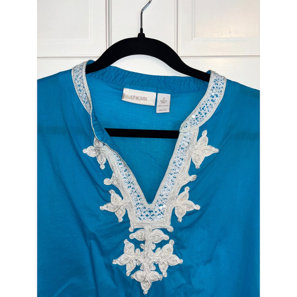 Chico’s Blue Turquoise Tunic Top Women’s Sz 2 L Sequin 3/4 Sleeve Resort Coastal - Picture 2 of 7